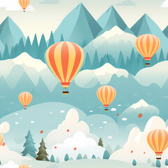 Obraz na płótnie Canvas Hot air balloons and mountains flat design seamless pattern