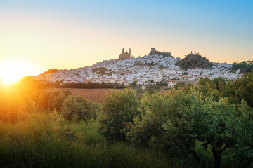 Olvera Skyline at sunset with Olive Trees - Olvera, Andalusia, Spain © diegograndi