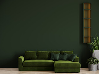 Living room in green and olivegreen colors. Blank empty dark room interior. Design in minimalist style. Luxury sofa and painted green accent background wall. Shelves for decoration. 3d render