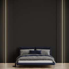 Fototapeta na wymiar Bedroom in dark colors. Black painted wall with long accent lamps. Dark blue navy bed and pillows. Deep tones in the lounge area of ​​a bedroom or hotel. 3d render