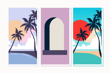 Beach at sunset. Vector graphics. A set of paintings. Design for social media, wallpapers, paintings, posters and stickers.Vintage retro style graphics