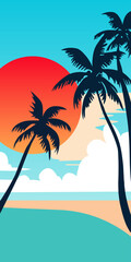 Beach at sunset. Vector graphics. A set of paintings. Design for social media, wallpapers, paintings, posters and stickers.Vintage retro style graphics