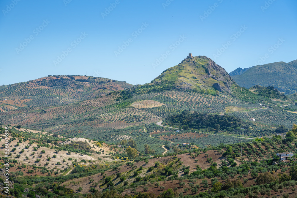 Sticker Mountains View from Olvera with the Iron Castle of Pruna - Olvera, Andalusia, Spain