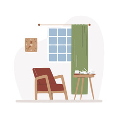 Interior scene with comfy armchair and coffee table. Mid century classic living room. Privacy area for resting and relaxing next to window. Reading zone with clock hand drawn flat vector illustration
