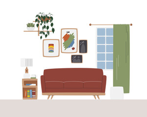 Cozy home interior with many decor and plants. Residential scene with mid-century classic sofa. Domestic scene concept design. House room model plan with window. Hand drawn flat vector illustration