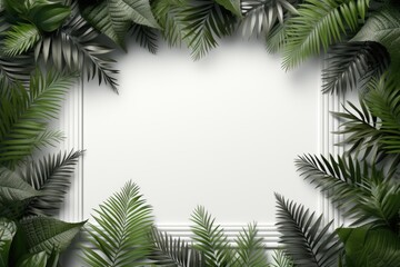 Fototapeta na wymiar Mockup frame, Fern leaves delicately embrace the corners of a rustic wooden frame layout, adding a natural touch. Generative AI