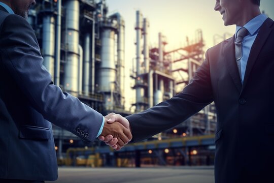 two businessman standing handshake on outdoors with oil and gas refinery plant petrochemical industry