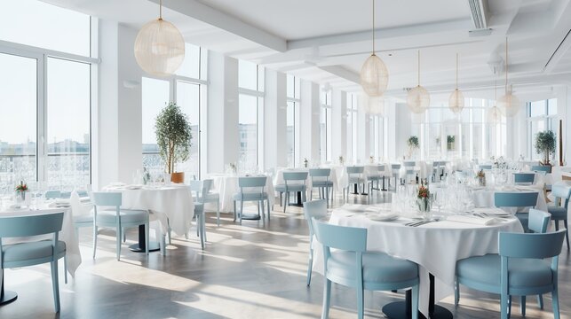 restaurant area with elegant tables and blue chairs