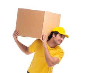 Young male courier with box