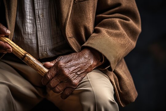 Close-up of the hands of an old man holding a cane.old man holding a cane. ai generative