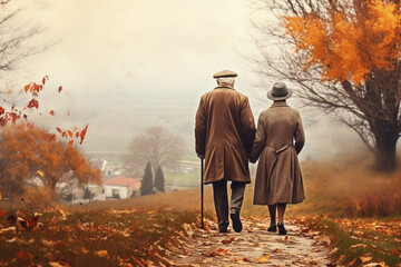 Obraz premium Seniors in love walking and holding hands in park. Autumn Love Concept. Generative AI