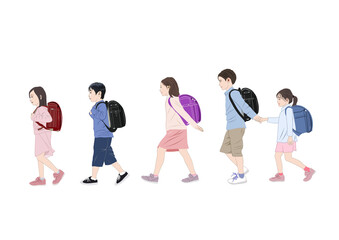 Obraz premium 列になって通学する小学生のイラスト