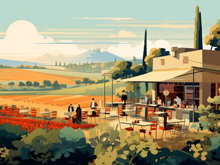 Obraz premium Illustration of people visiting an open air cafe and enjoying the wide and beautiful natural scenery. The cafe is located on high ground and is exposed to bright daylight. 