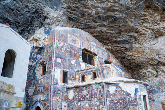 Frescoes on the rock church in Sumela Monastery. Sumela Monastery is a Greek Orthodox monastery. Trabzon, Turkey - July 20, 2023.