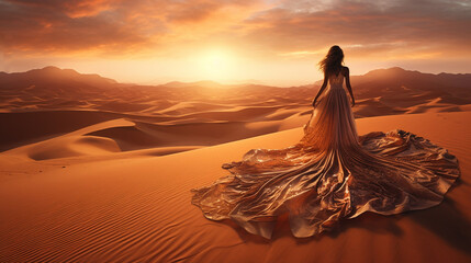 Woman walking in the desert dunes. Sand dunes at sunset landscape. Generative AI
