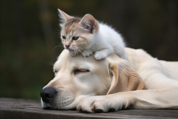 A furry feline perched on the head of a loyal canine a heartwarming image of unlikely friendship. AI Generative.