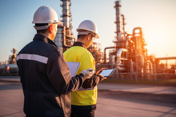 engineers in uniform walk and holding tablet checking in oil refinery field in morning,. High quality illustration