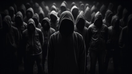 Hooded man. crowd of people in hoods. Black and white color. Generative AI