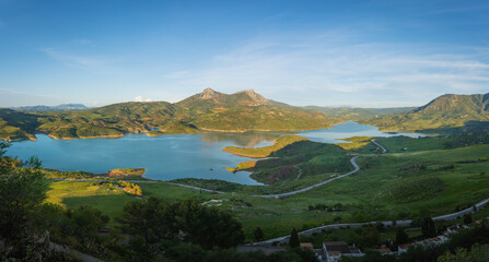 Panoramic view of Reservoir Lake with Lagarin and Las Grajas Mountains - Zahara de la Sierra, Andalusia, Spain