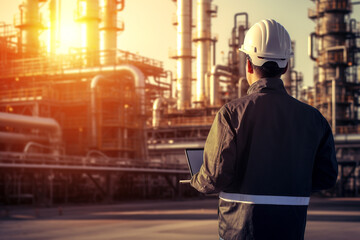 engineers in uniform walk and holding tablet checking in oil refinery field in morning,. High quality illustration