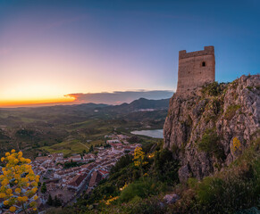 Aerial view with Zahara de la Sierra Castle Tower at sunset - Zahara de la Sierra, Andalusia, Spain