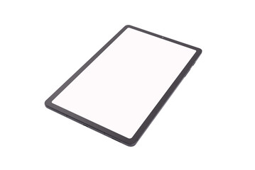 A tablet with a white screen placed on a white background.