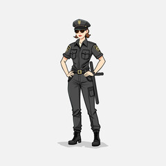 Abstract character of policewoman in black uniform in cartoon style