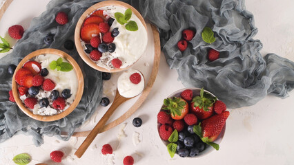 Yogurt with Chia seeds and fresh Strawberries, Raspberries, and Blueberries