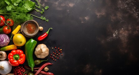 Vegetables set and spices for cooking on dark background