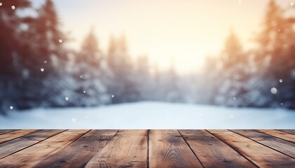 Empty Wooden table in front of winter landscape blurred background