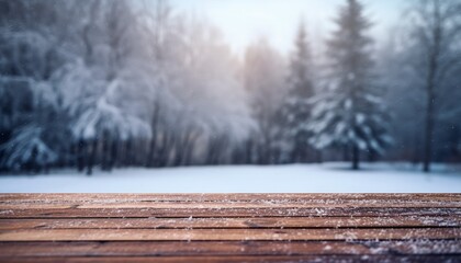 Empty Wooden table in front of winter landscape blurred background