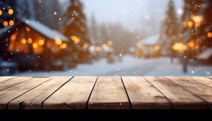 Naklejka na ściany i meble Empty Wooden table in front of winter landscape blurred background