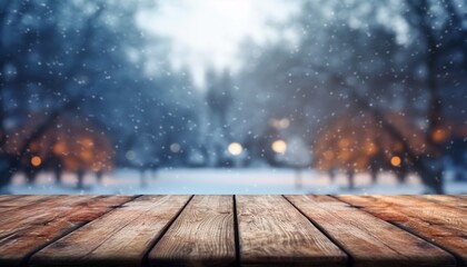 Empty Wooden table in front of winter landscape blurred background