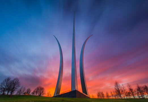Air Force Memorial at Arlington Cemetery with colorful sunset