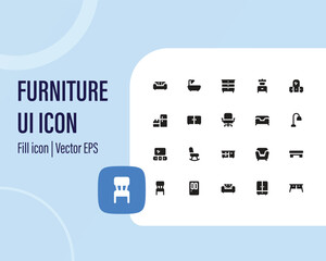 Furniture, icon set. Home interior, linear icons. Piece of furniture for the living room, bedroom, office, workplace, children's room and kitchen.
