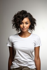 Obraz premium A young woman with a plain white shirt and simple background. This is not a real person. Generative AI. 