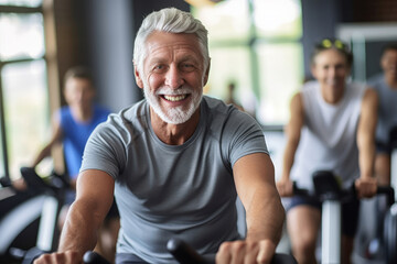Fototapeta na wymiar Portrait of senior man training on stationary bike workout in gym. Concept senior active lifestyle. Generative Ai