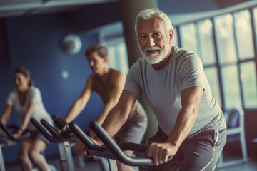Fototapeta na wymiar Portrait of senior man training on stationary bike workout in gym. Concept senior active lifestyle. Generative Ai