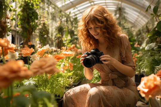 A young adult redhead female photographer takes a photograph in a nursery full of orange flowers. She is wearing a dress