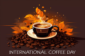 International Coffee Day celebration illustration of a steaming cup of coffee on a pile of coffee beans on a brown background
