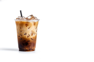 Iced coffee in plastic takeaway glass isolated on white background with copy space - Powered by Adobe