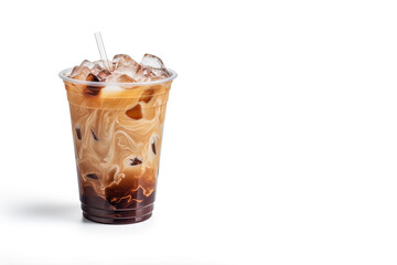 Iced coffee in plastic takeaway glass isolated on white background with copy space