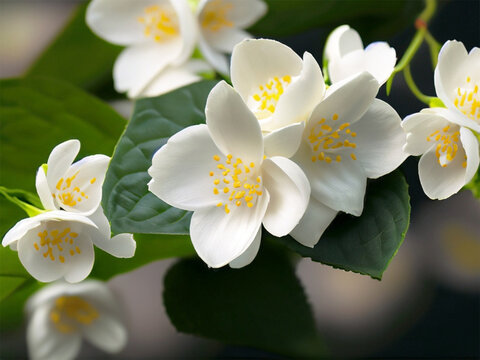 Pure white jasmine flowers on a blurred background.