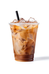 Iced coffee in plastic takeaway glass isolated on white background