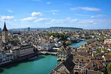 Fototapeta na wymiar Aerial View of Limmat River Banks in Zurich, Switzerland