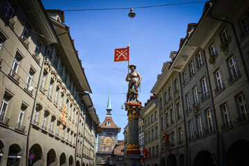 The Marksman Fountain and the Zytglogge in Bern Old City - Switzerland