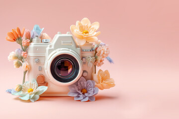 Illustration of photo camera with fresh spring flowers on pink background. AI generative