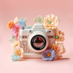 Illustration of photo camera with fresh spring flowers on pink background. AI generative