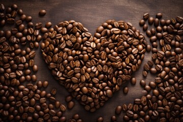 Fresh roasted coffee beans closeup on dark brown background. Shape of a heart. Black and brown beans. Love coffee concept. Top view, flat lay