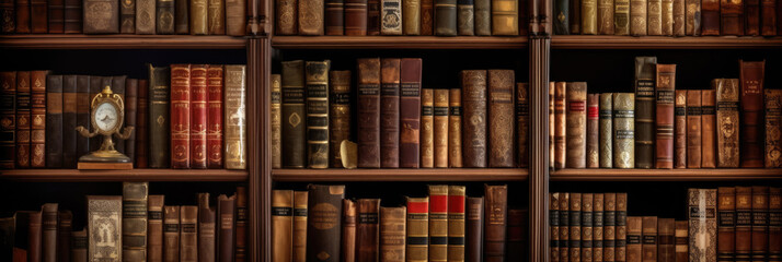 Old books on wooden bookshelves in a library. Generative AI